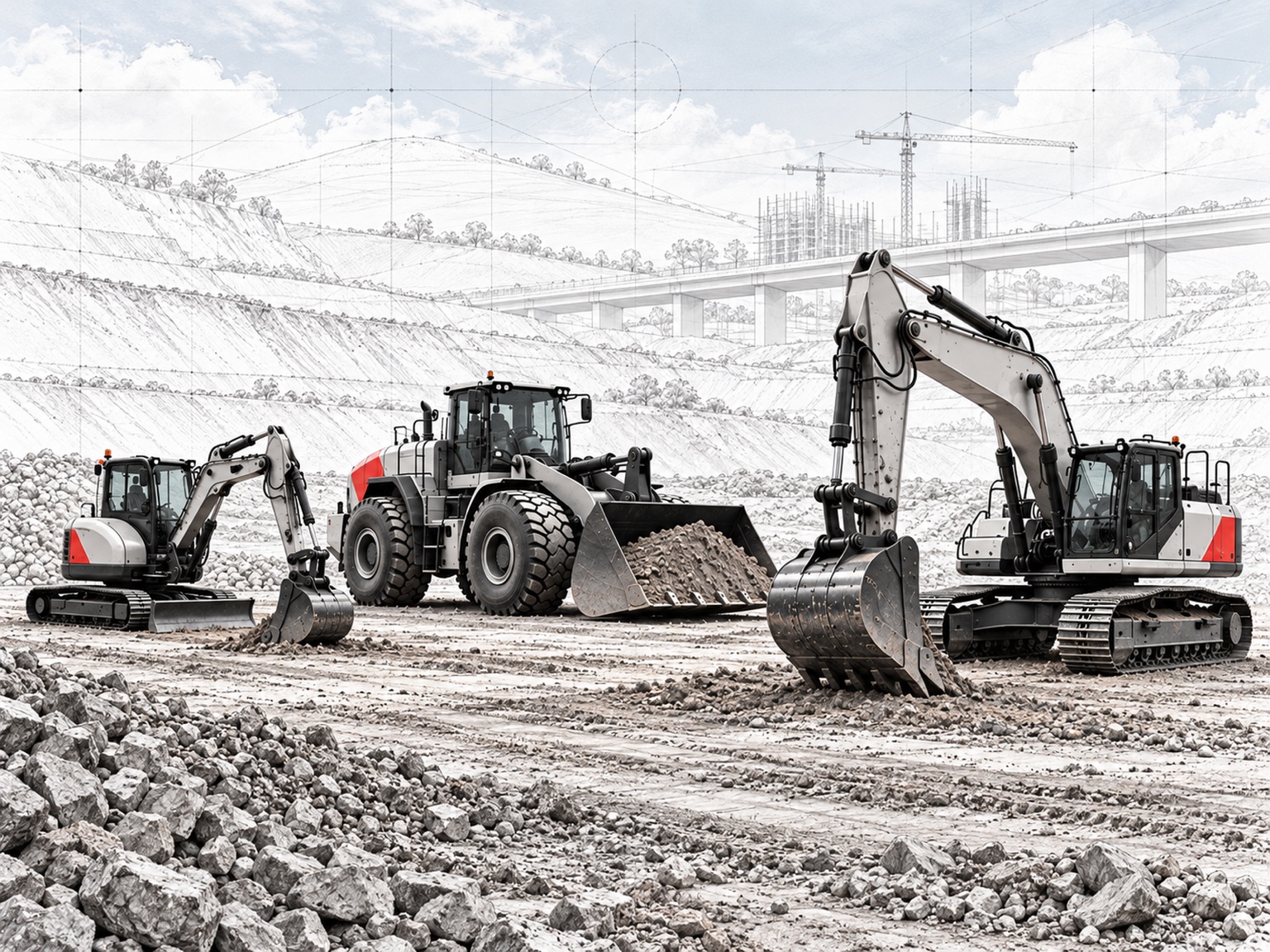 Graafmachines en een wiellader bij een infrastructureel grondwerkproject.