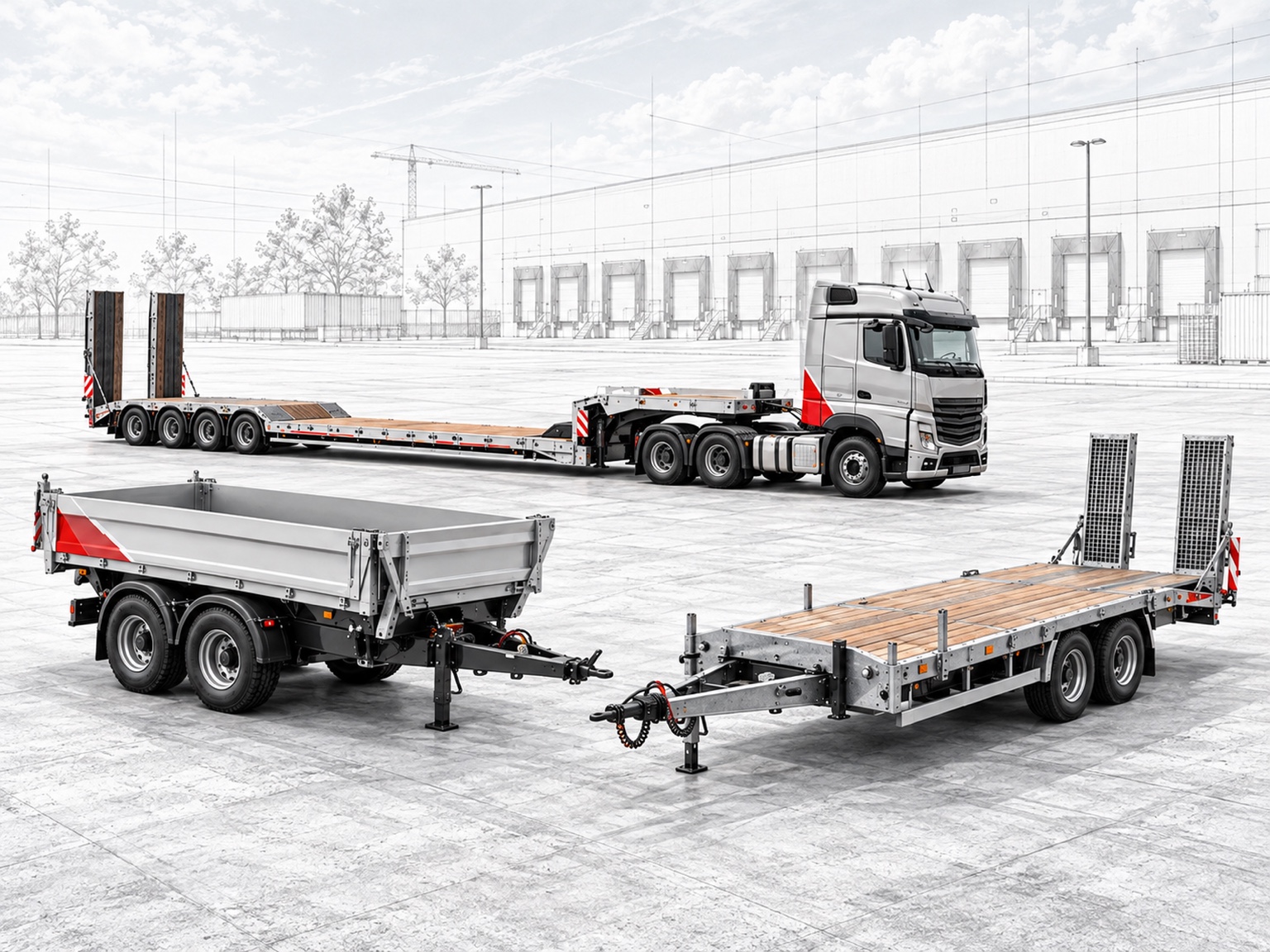 Vrachtwagen met dieplader en aanhangwagens bij een logistiek centrum.